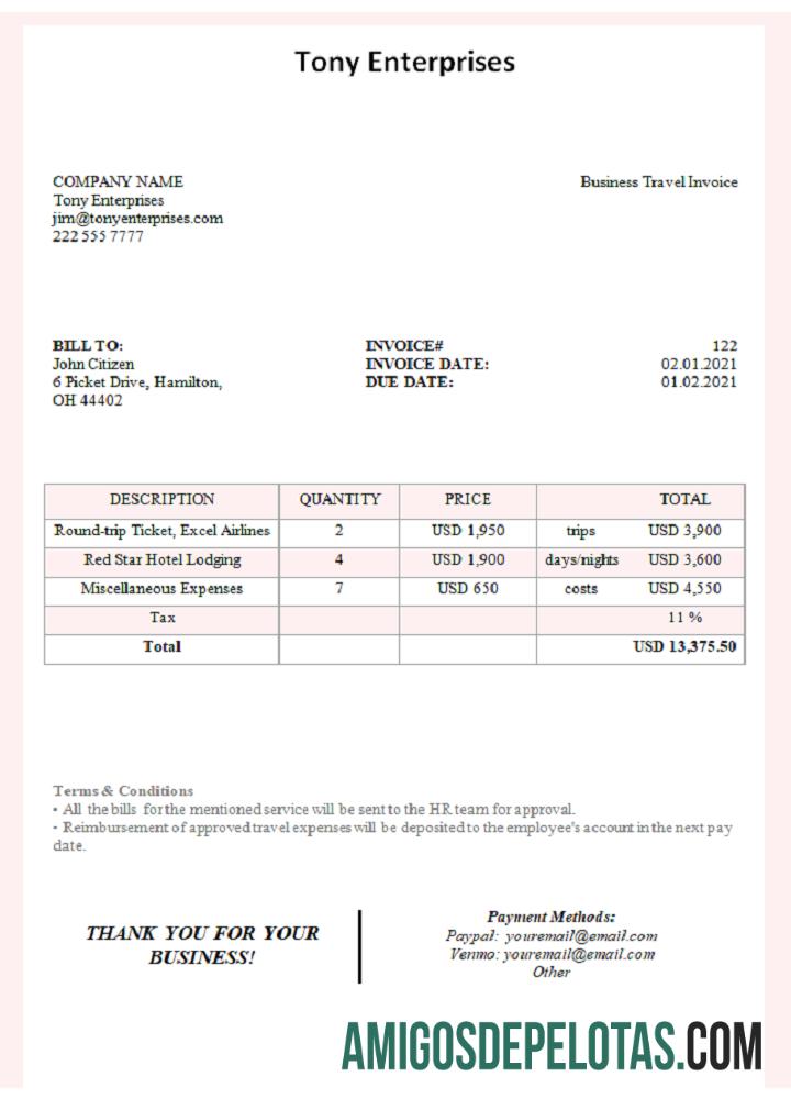 Fatura da Tony Enterprises nos EUA modelo